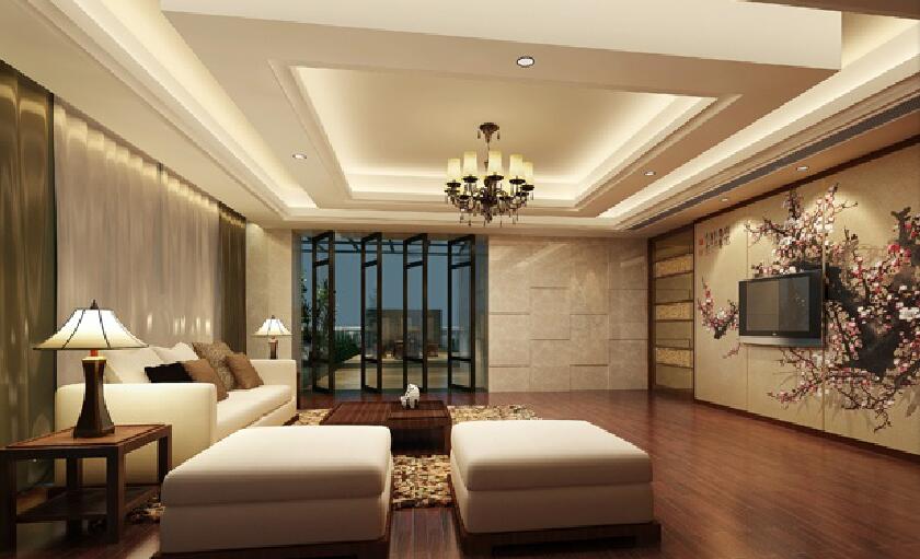 惠州永和苑新中式简易客厅中空吊顶梅花电视墙纸方形沙发拼接地板效果图